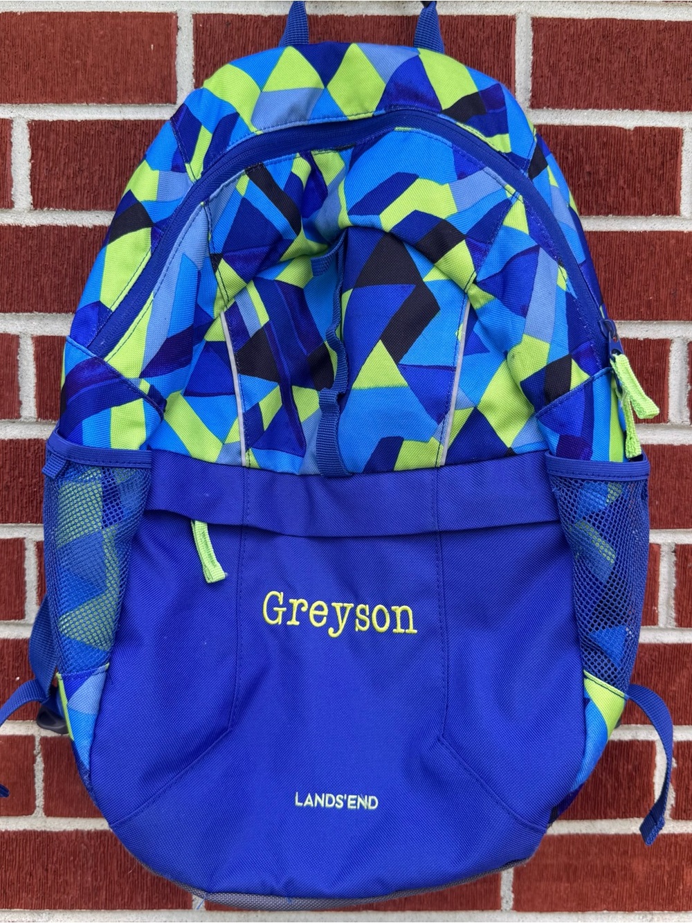 Lands' End Blue & Lime Geometric Backpack Personalized Kid Sized Kindergarten